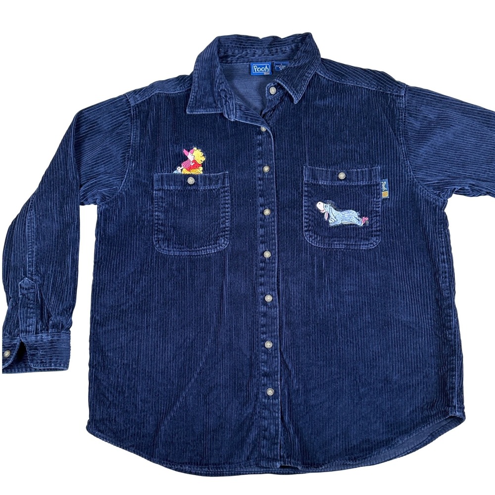 Disney Winnie the Pooh Corduroy Shirt Navy Blue Embroidered Eeyore Large Button